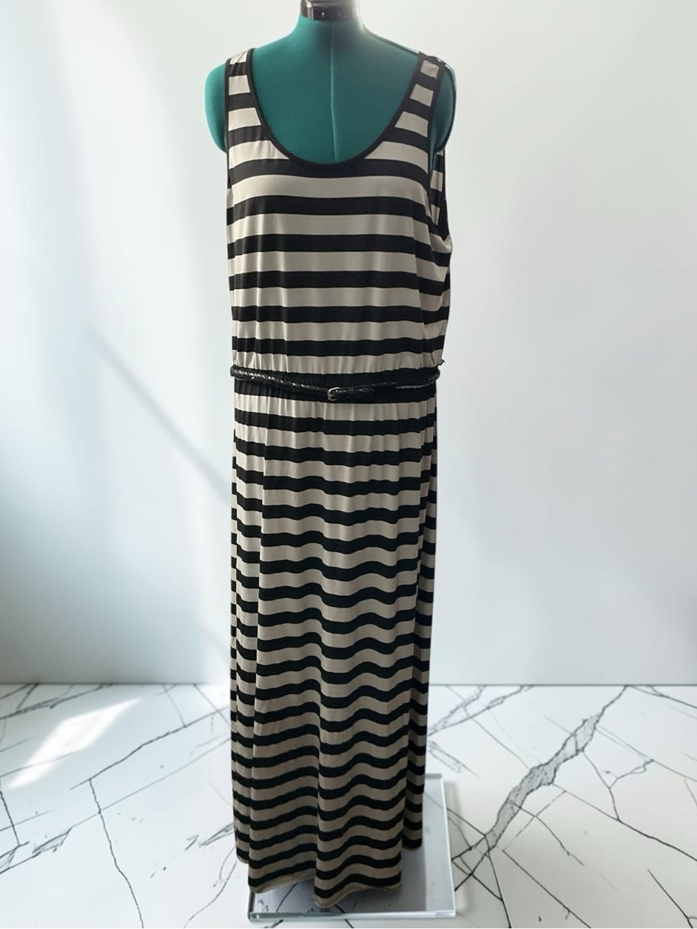 Fever Black & Gray Striped Maxi Dress w/ Belt P:22” L:65”